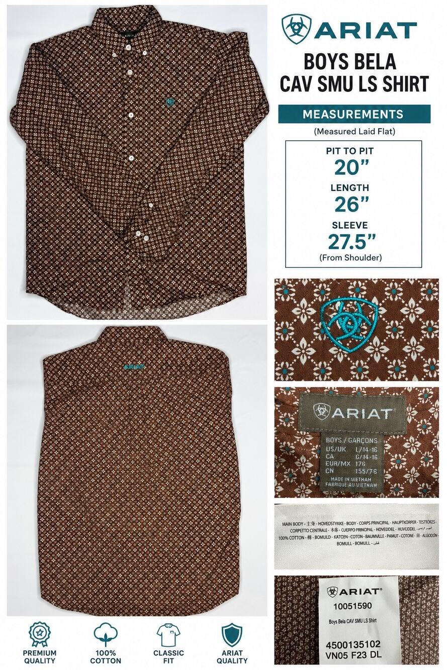 Ariat Boys L 14-16 Brown Geo Print Western Button Shirt Cotton Long Sleeve